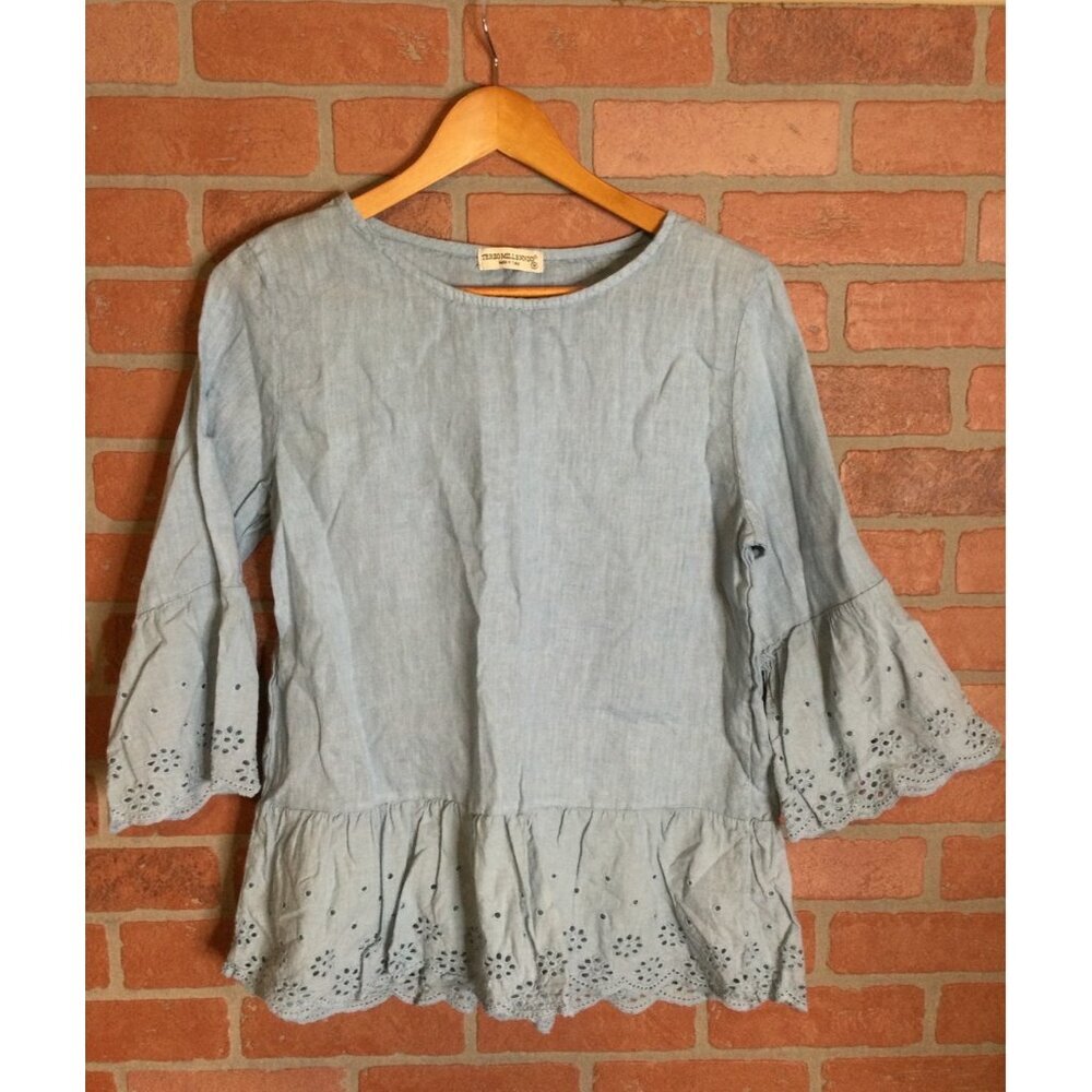 Terzo Millennio Women's Linen Eyelet Blouse Top Pleated Pullover Blue Medium